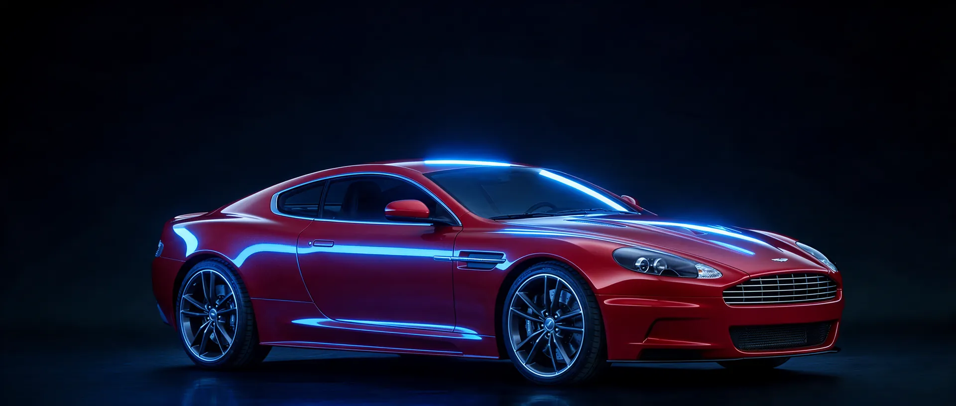 White light streaks along the hood, shoulder and rocker of the red paint. The cabin stays dark.